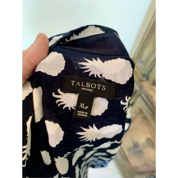 Talbots Navy Blue White Pineapple Print Lightweight Button Down Shirt - Picture 3 of 7